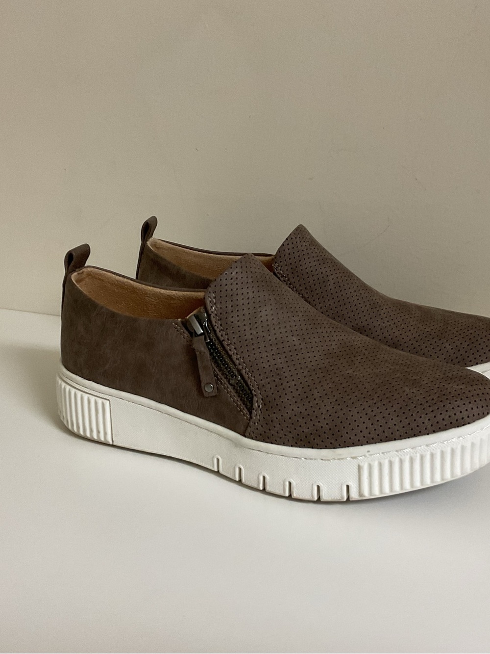 Naturalizer Women’s Taupe Suede Slip-On Perforated Sneakers with side zipper 8